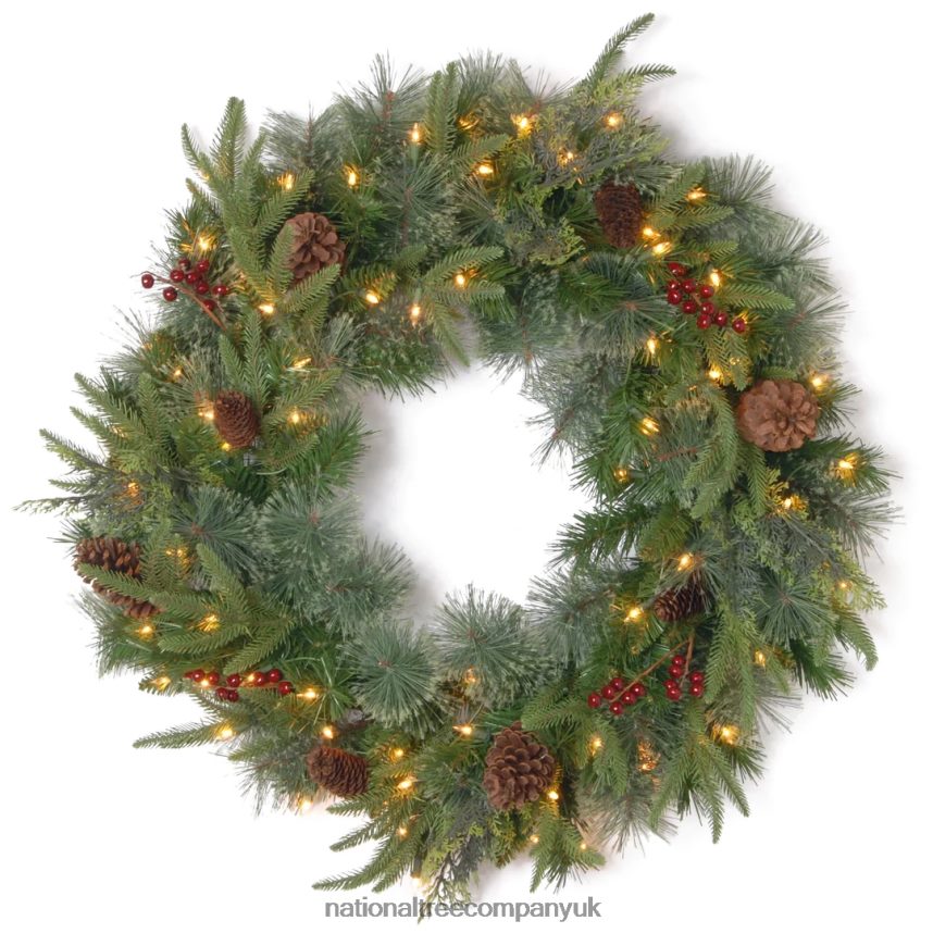 Greenery | National Tree Company Pre-Lit Artificial Christmas Wreath Green Colonial Fir White Lights Decorated with Pine Cones Berry Clusters Christmas Collection 24 Inches F2L4F253